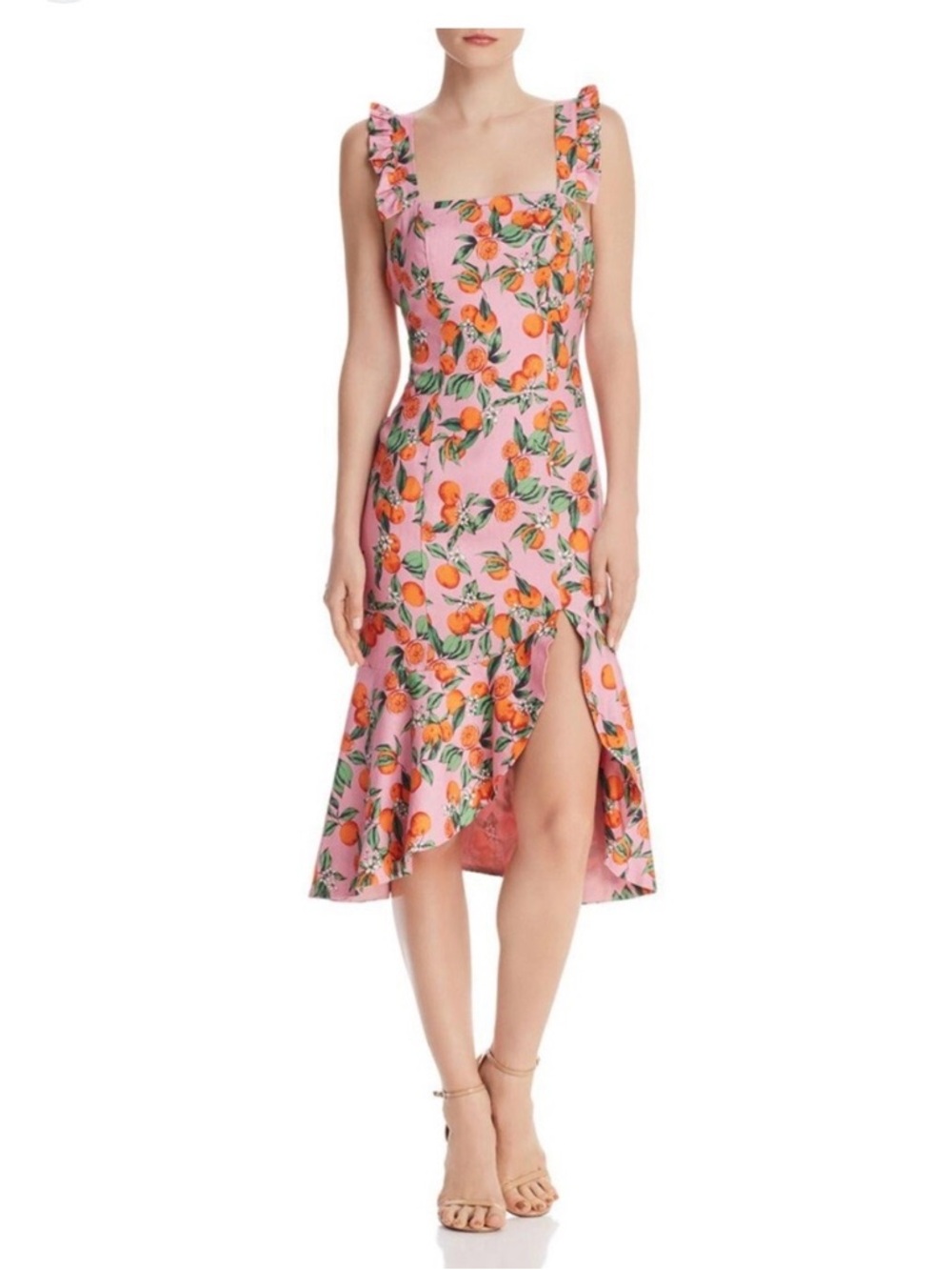 Finders Keepers Pink Midi Dress with Orange Fruit Print and Ruffle Straps